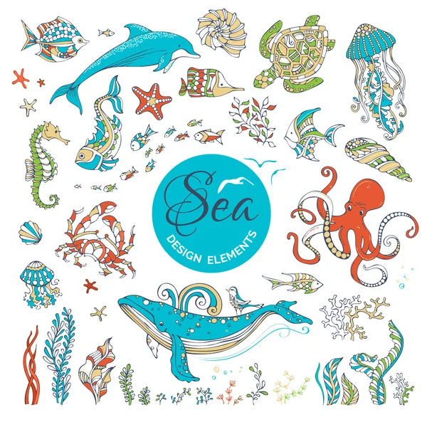 Set of cartoon wild underwater sea life. — Stock Vector