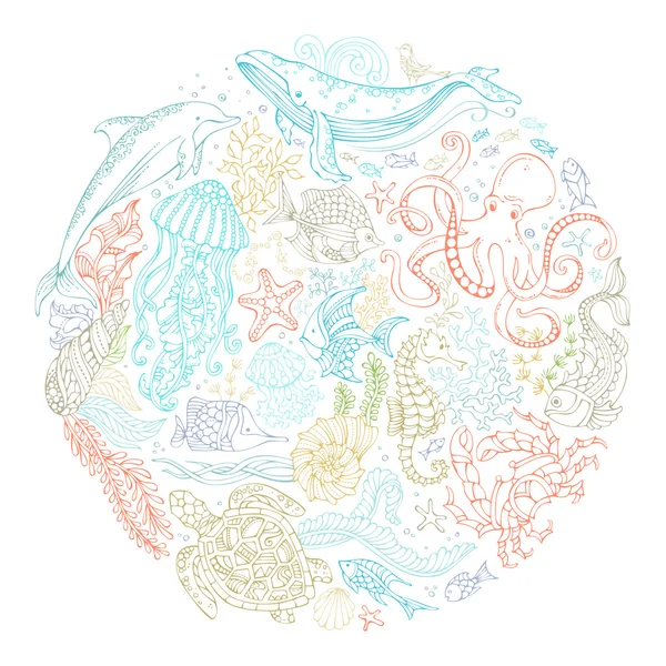 海洋动物和植物的轮廓. — 图库矢量图片