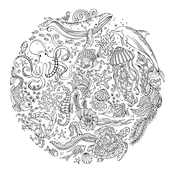 Conjunto vetorial de doodles vida marinha selvagem . — Vetor de Stock
