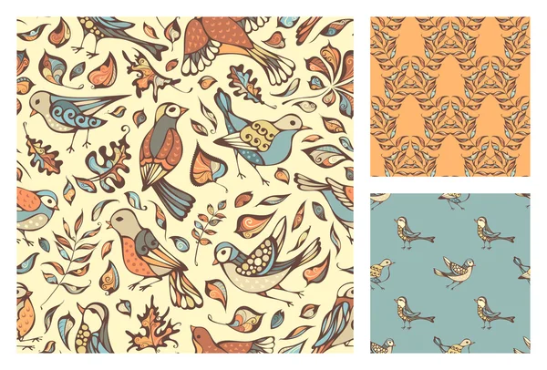 Ensemble de motifs d'oiseaux et de feuilles sans couture — Image vectorielle