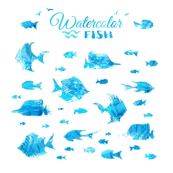 Set of watercolor fish silhouettes — Stock Vector