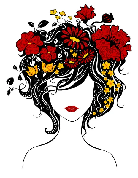 Αφηρημένη όμορφη κοπέλα με λουλούδια στα μαλλιά. — Διανυσματικό Αρχείο