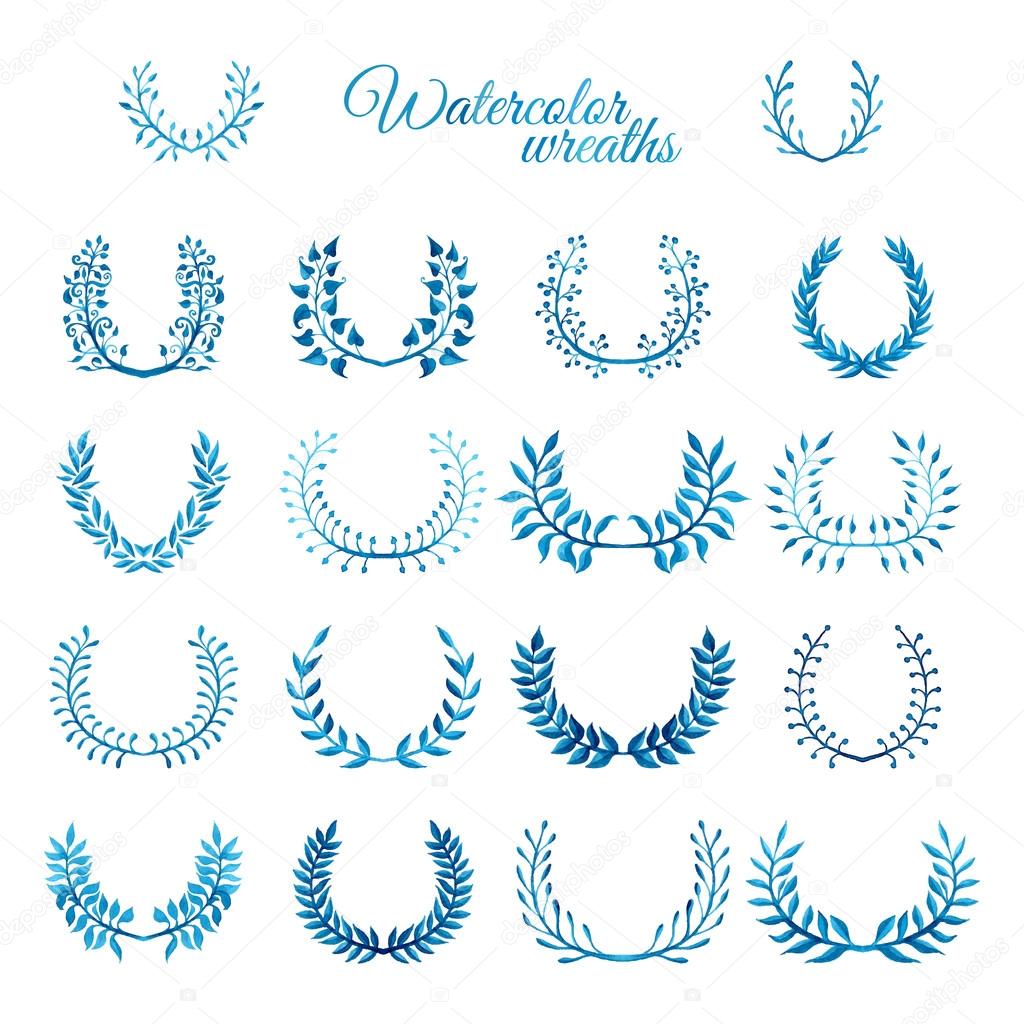 Vector set of blue watercolour wreaths.