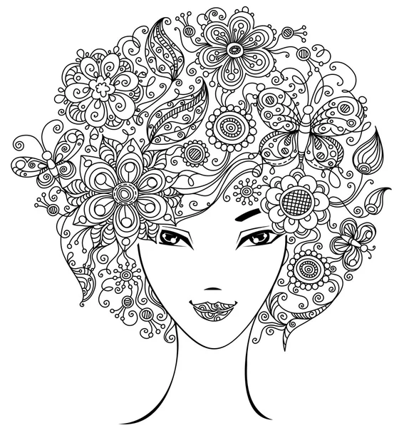 Mujer con flores y mariposas en el pelo . — Vector de stock