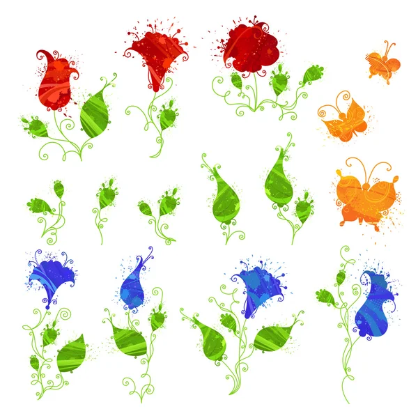 Set van aquarel bloemen en vlinders. — Stockvector