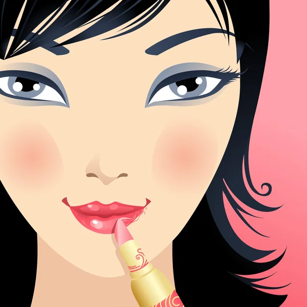 Applying lipstick on pink background — Stock Vector