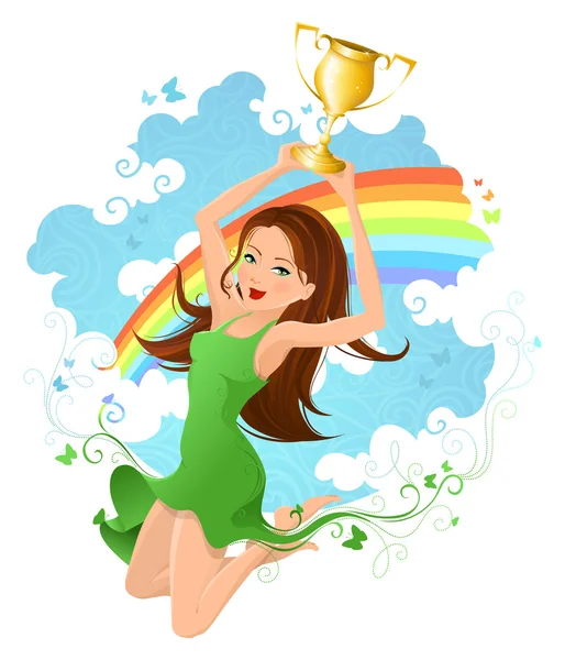 Vrouw verhogen de winnende trophy — Stockvector