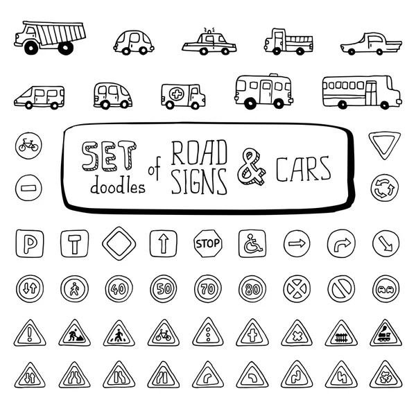 Ensemble vectoriel de gribouillis panneaux routiers et voitures . — Image vectorielle