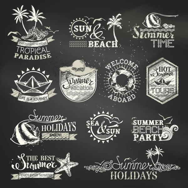 Chalk summer and vacation labels and emblems. — Stock Vector