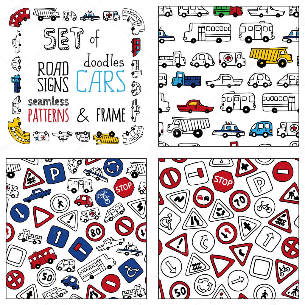 Vector set of doodles road signs and cars. 