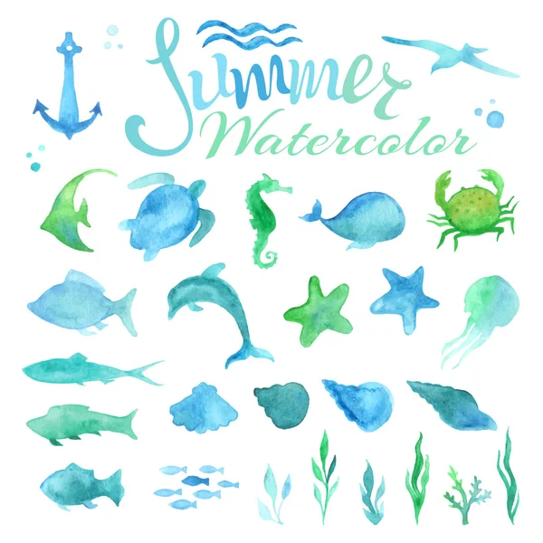 Vector set of watercolor marine life. — Stockový vektor