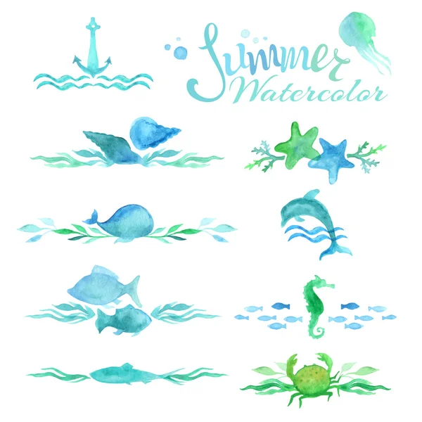 Watercolor ocean page decorations and dividers. — 图库矢量图片