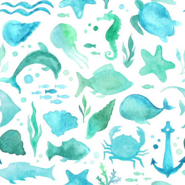 Seamless watercolor underwater life pattern. — Stock Vector