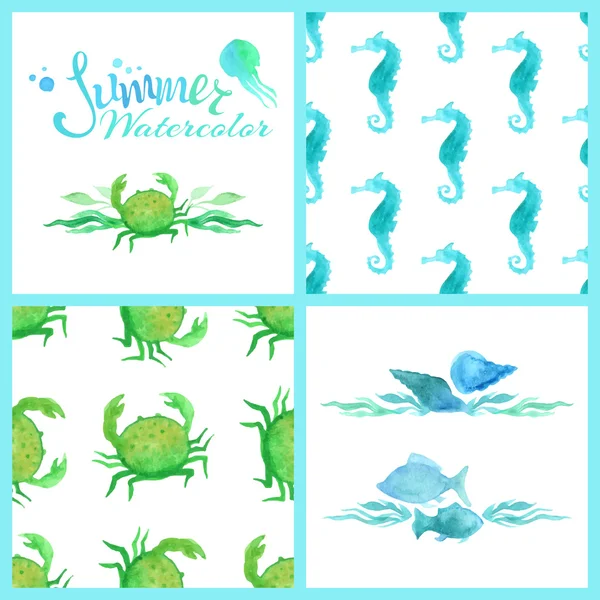 Set of watercolour marine seamless patterns, — 图库矢量图片