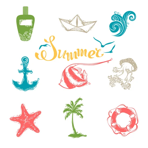 Fényes nyári és utazási szimbólumok. — Stock Vector