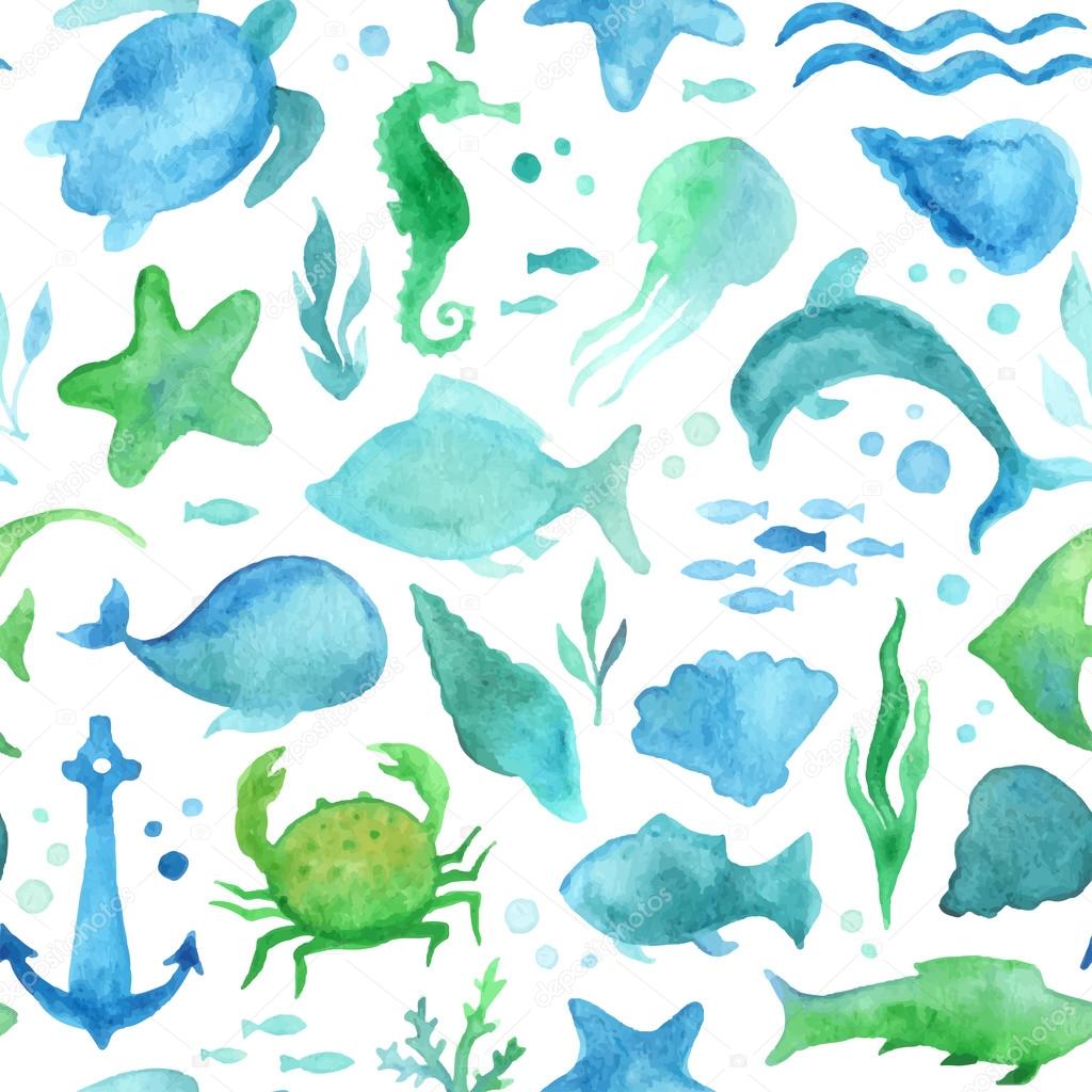 Seamless watercolor sea life pattern. 