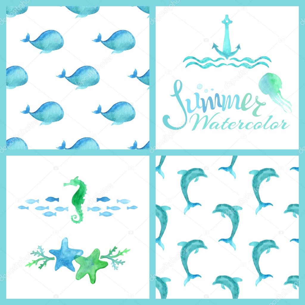 Set of watercolor marine seamless patterns,