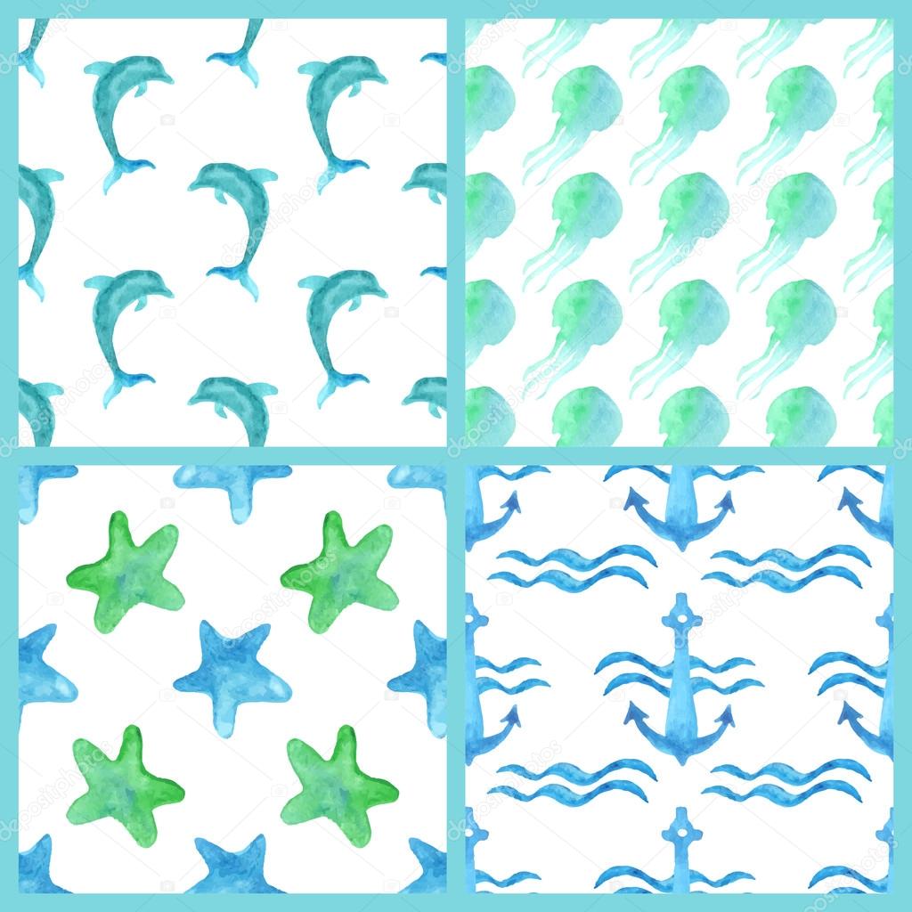 Set of watercolor marine seamless patterns. 