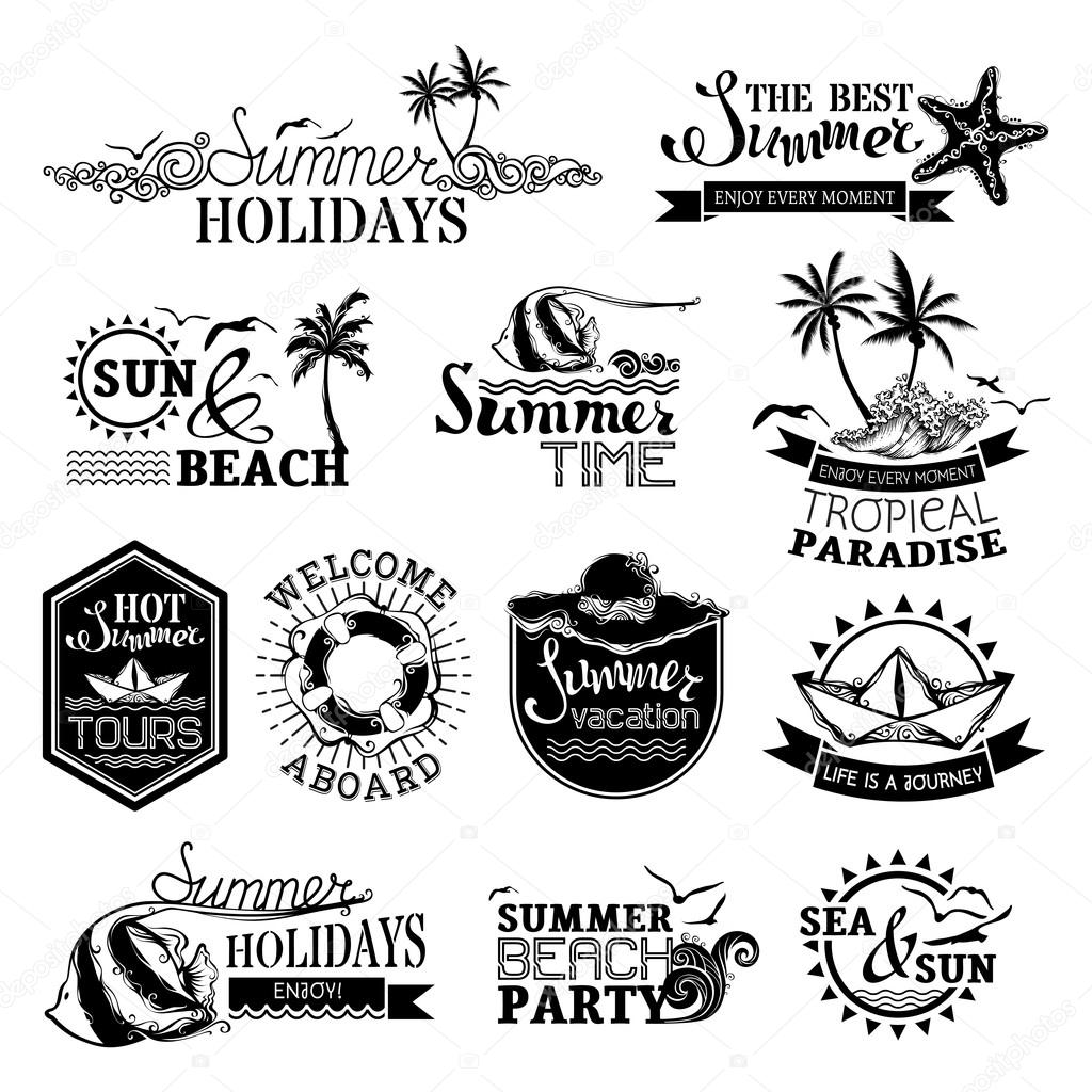 Labels, emblems, symbols, badges and logo templates. Summer Holidays / Summer Time / The Best Summer / Hot Summer Tours / Welcome Aboard / Summer Vacation / Life is a Journey / Summer Beach Party.