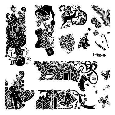 Vector set of Christmas object silhouettes.