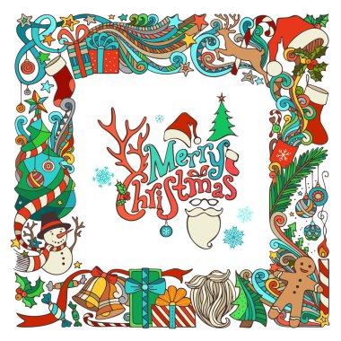 Ornate festive frame of Christmas objects.  clipart