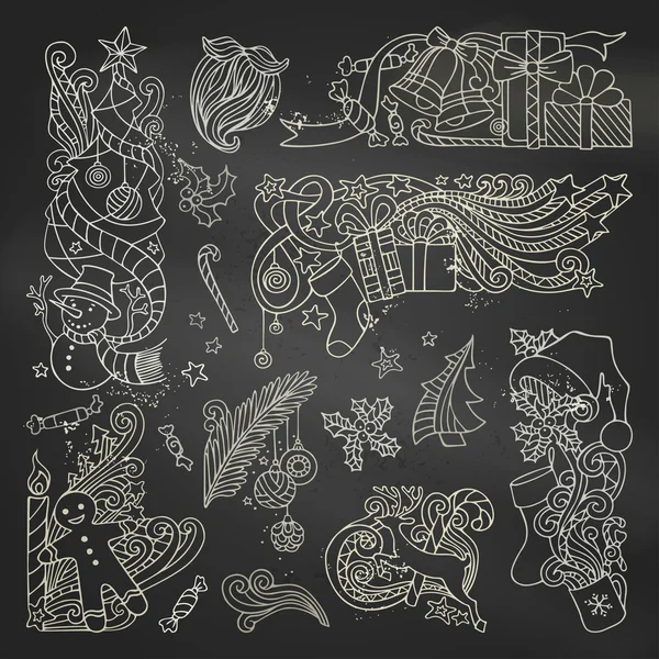 Vector set of chalk Christmas ornaments on blackboard background. — Stok Vektör