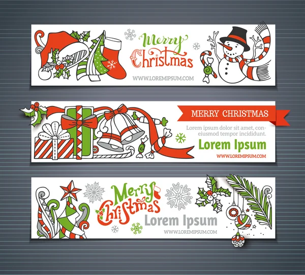 Vector set of red, green and white Christmas horizontal banners. — Stok Vektör