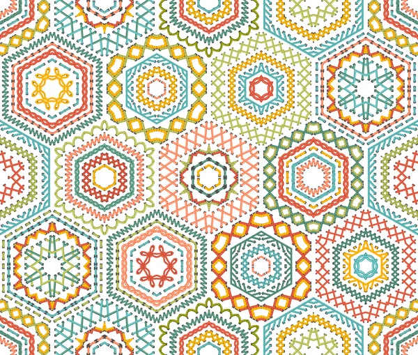 Embroidery seamless hexagons pattern. — Διανυσματικό Αρχείο