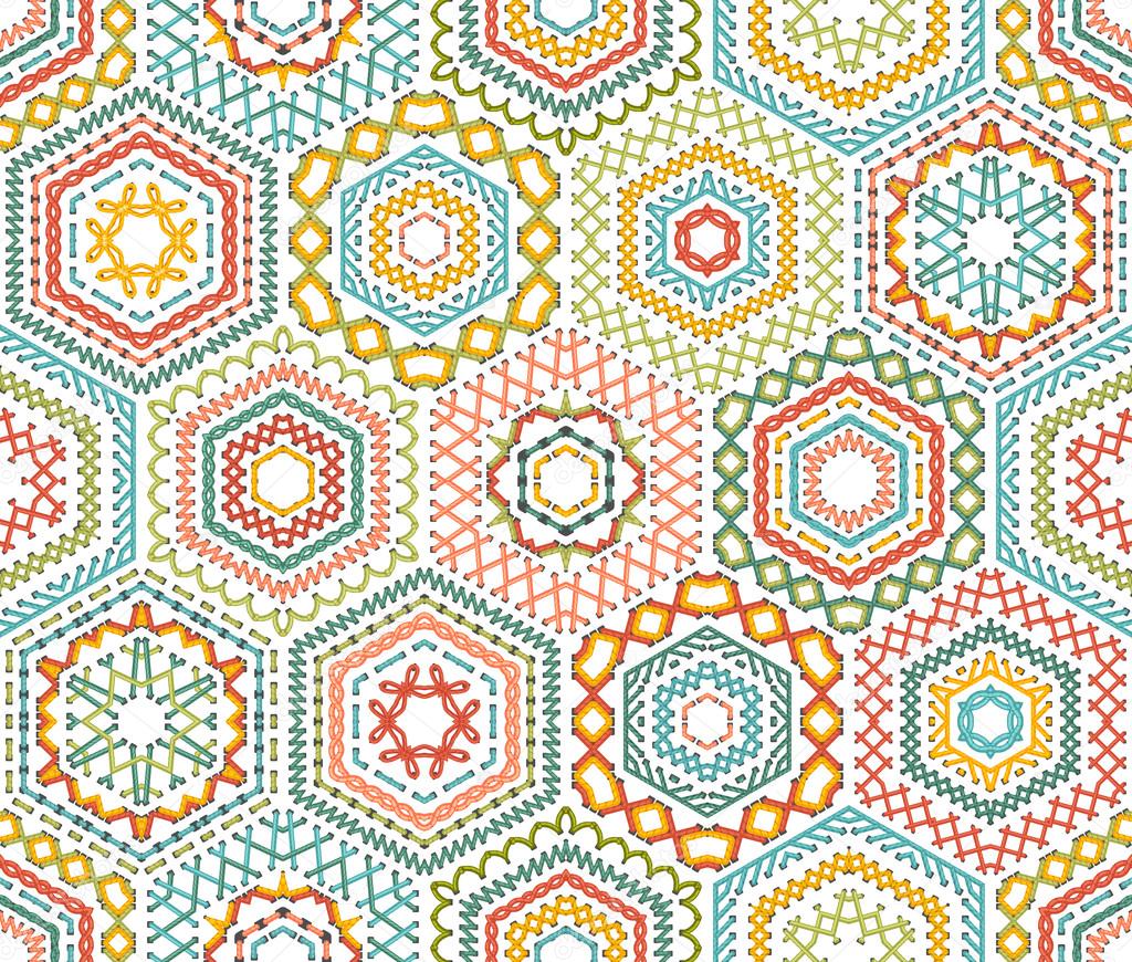 Embroidery seamless hexagons pattern.