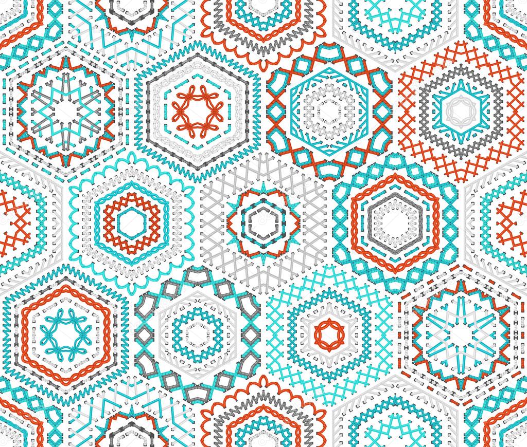 Seamless hexagons embroidery pattern. 