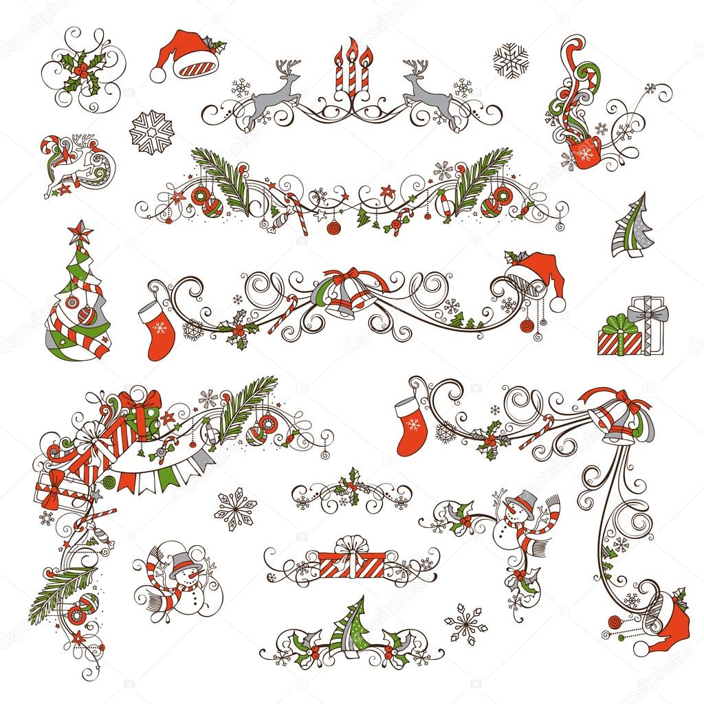 Christmas page dividers and decorations isolated on white background. 