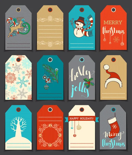 Set of 12 Christmas and New Year cute gift tags. — Stock Vector