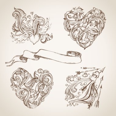 Romantik kroki tasarım öğeleri kümesi. 