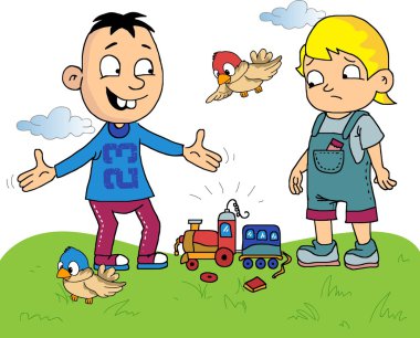 bir kırık oyuncak tren ile çocuklar çizgi film