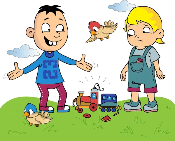 Kids cartoon met een gebroken speelgoed trein — Stockvector