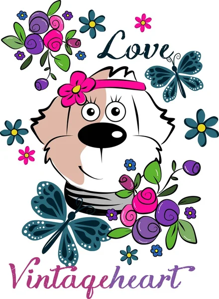 Cute beautiful dog love vintage heart — Stock Vector