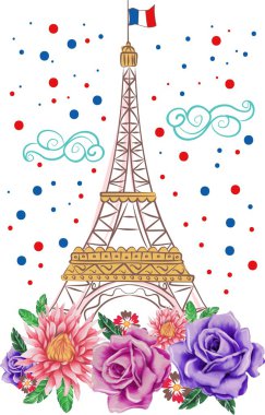 Vector hand drawn with flowers eiffel tower paris