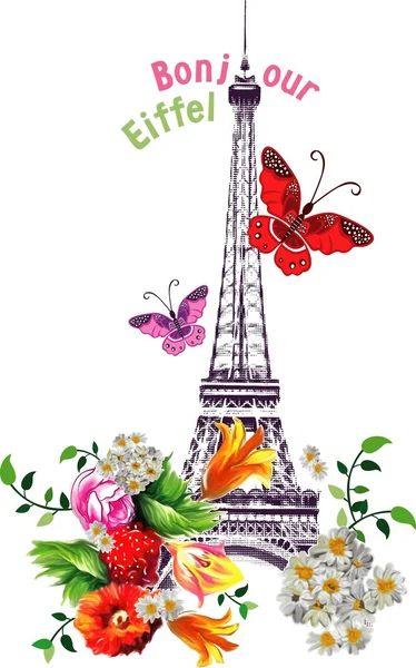 Vektor Bonjour Eiffel Tower med rosor och fjärilar — Stock vektor