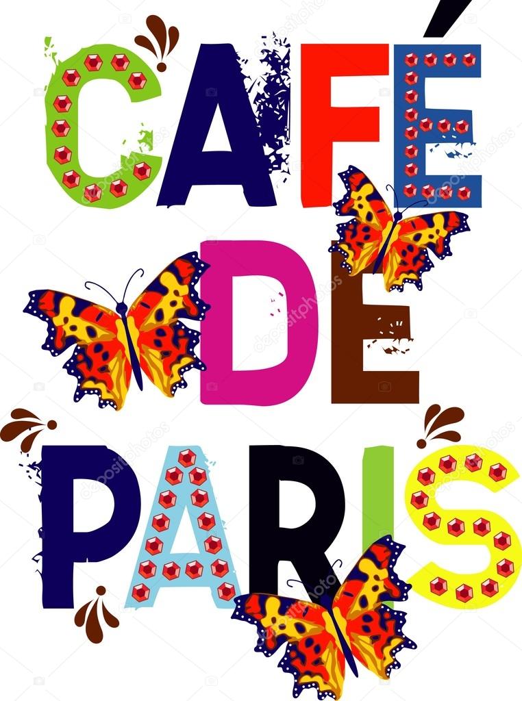 Cafe de paris text lettering with butterflies