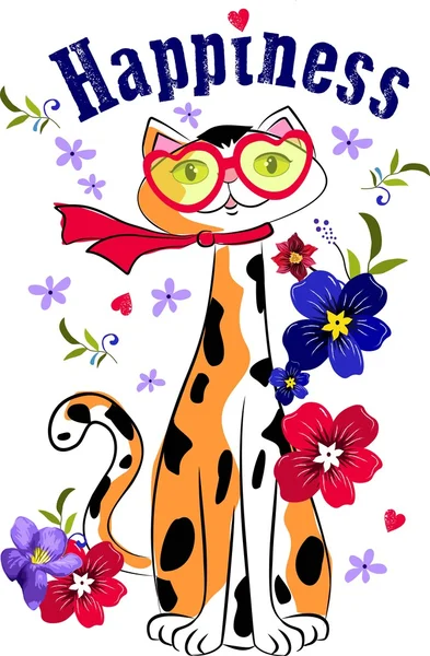Όμορφη γάτα happines με λουλούδια — Διανυσματικό Αρχείο