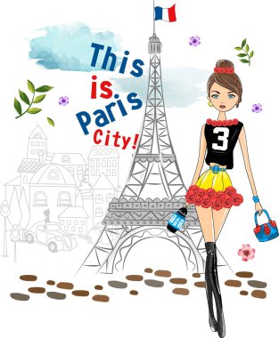 Şık moda kız Paris elinde resimde çizilmiş