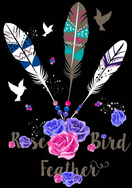 Rose bird feather t-shirts design for women — Stock Vector