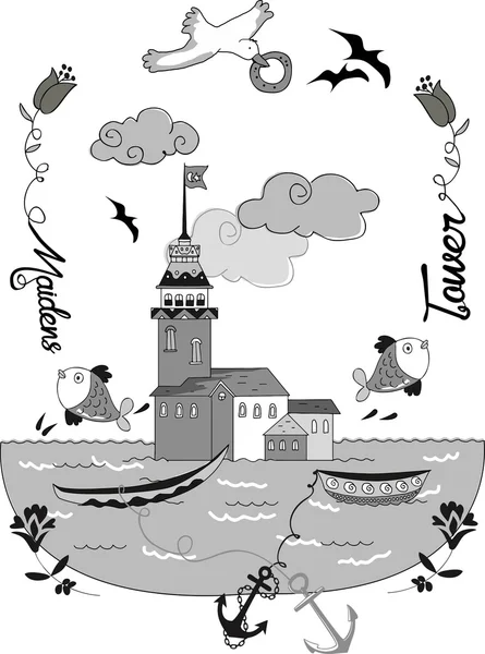 グレー メイデン タワー ベクトル漫画の美しいデザイン — ストックベクタ
