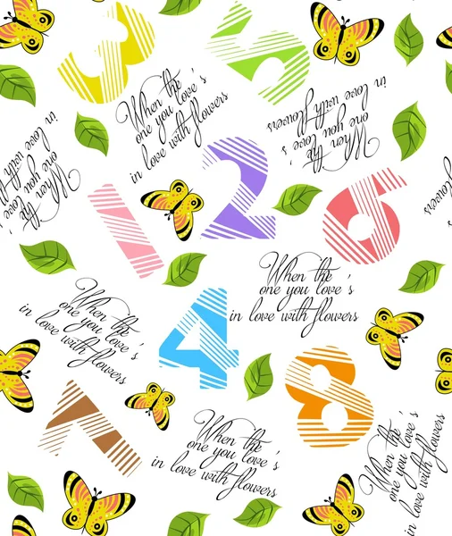 Nahtloses Muster mit Zahlen und Schmetterlingen für T-Shirt-Design — Stockvektor