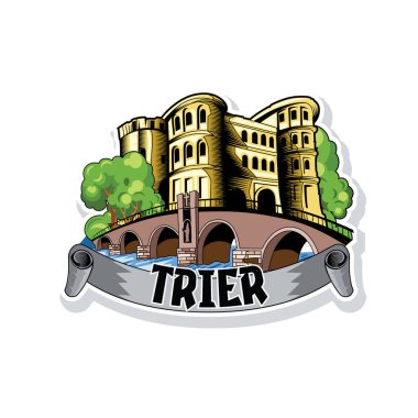 Şehrin eskizi. Trier Almanya 'da antik mimari ve köprü ile şehir manzarası..