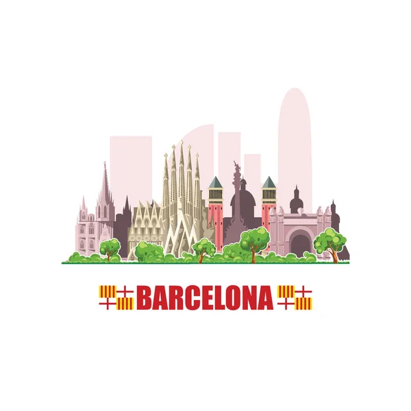 Barcelona City Skyline Cityscape Famous Architectural Buildings White Background — Stock Vector
