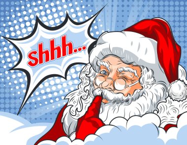 Flashing Santa Claus with his finger to his mouth and the word Shhh ... clipart