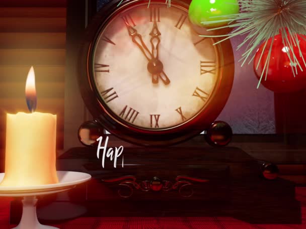 Animace Novoroční Scénou Hodinami Svíčkou Stole — Stock video
