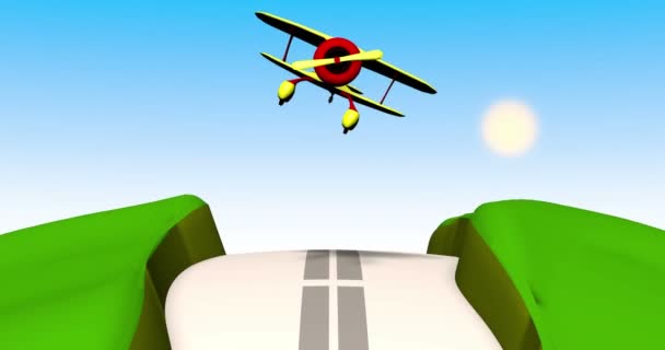 Animatie Van Speelgoed Tweevleugelig Vliegtuig Dat Heuvels Vliegt — Stockvideo