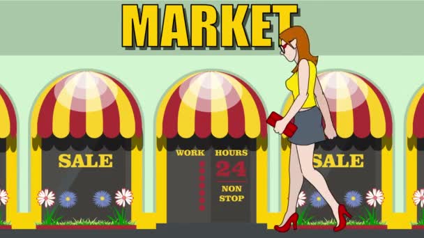 Animace Město Kresleném Stylu Trhem Dívka Dělá Nákupy — Stock video